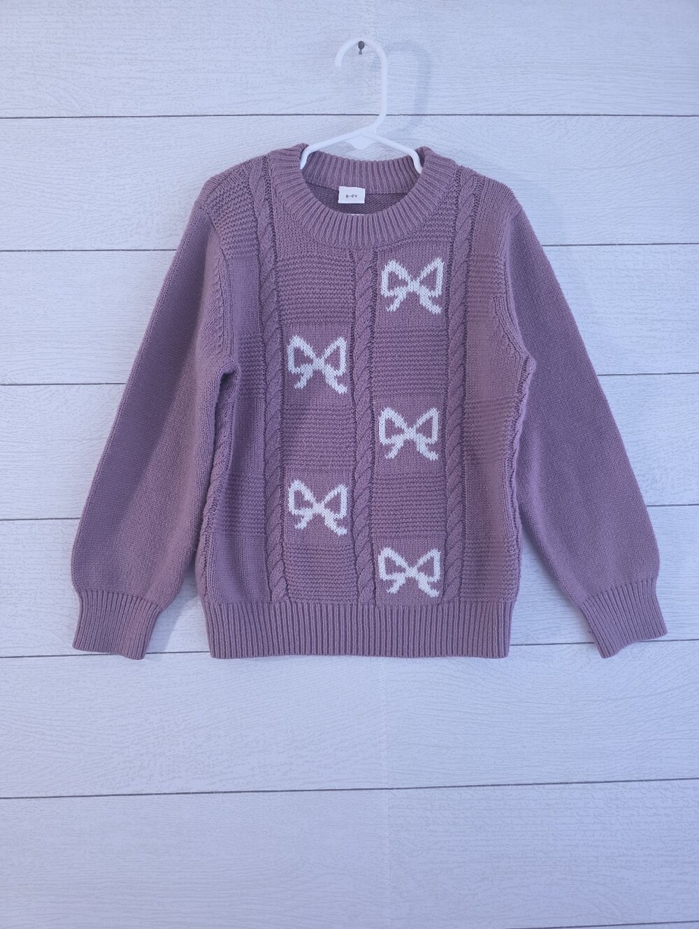Girls Lavender Cable Knit Bow Sweater Light Purple Crewneck Size 8-9